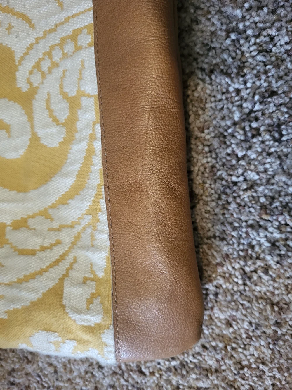 Yellow and Cream Patterned Tote Bag with Brown Trim